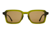 Green-frame sunglasses with brown-tinted lenses on a white background