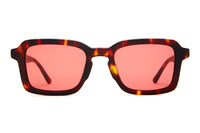Tortoiseshell sunglasses with red-tinted lenses on a white background
