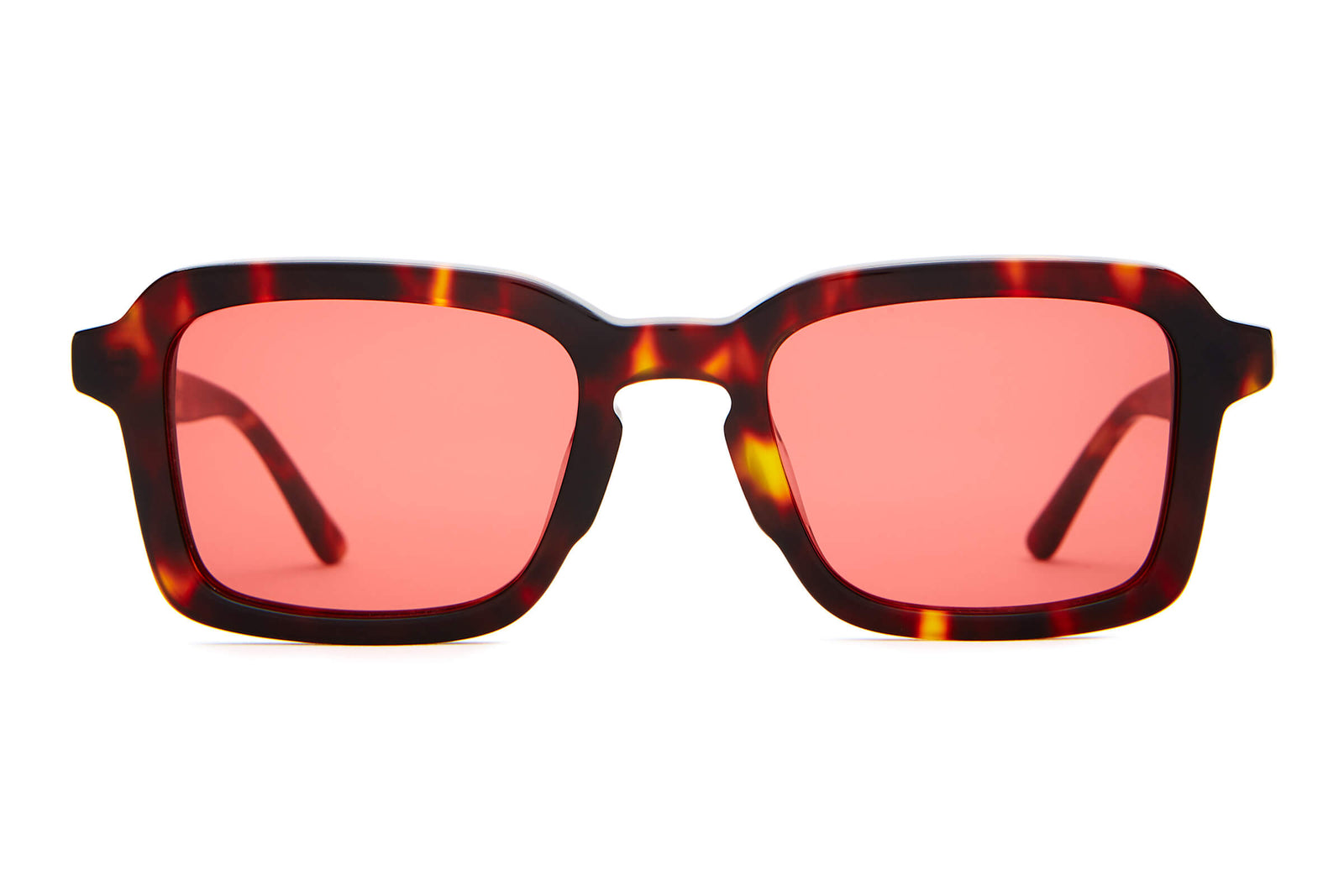 Tortoiseshell sunglasses with red-tinted lenses on a white background-The Heavy Tropix - Deep Rose Bio-1